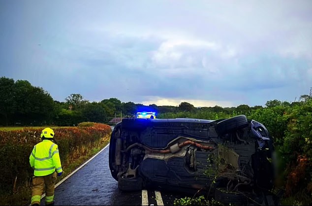 تم منع برايس من القيادة لمدة عامين بعد أن اصطدمت بسيارتها BMW على الطريق B2135 في غرب ساسكس في 28 سبتمبر 2021 (في الصورة)